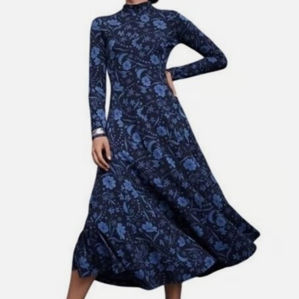 LOFT Blue Snowflake Bloom Turtleneck Godet Maxi Dress